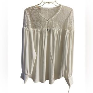 Torrid georgette lace trim yoke long sleeve white blouse 1X